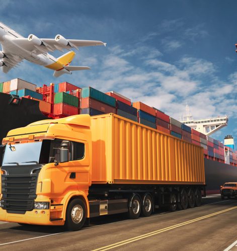 Transportation and logistics of Container Cargo ship and Cargo plane. 3d rendering and illustration.